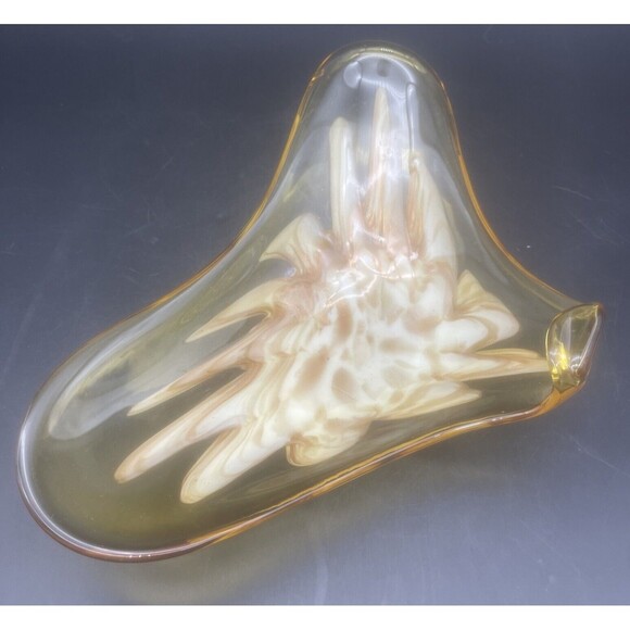 VTG Murano Amber W/ Gold & White Feather Glass Bowl W/ Folded Edge 12” - Picture 1 of 7